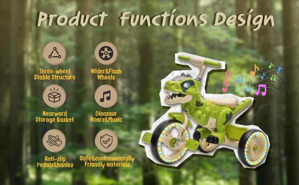 Toddler Tricycle - Cool Dinosaur Kids Toy for 3-4 to 6 Years Olds, BPA-Free, Light-Up Wider Wheels, Stable Structure, Rear Toy Storage Basket, Built-In Music & Lights, Anti-Slip Pedals & Handles, Safe Cycling Trainer Toddler Tricycle - Cool Dinosaur Kids Toy for 3-4 to 6 Years Olds, BPA-Free, Light-Up Wider Wheels, Stable Structure, Rear Toy Storage Basket, Built-In Music & Lights, Anti-Slip Pedals & Handles, Safe Cycling Trainer
