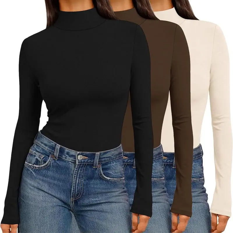 Women’s 3-Pack Mock Neck Sweater Tops, Ribbed Knit Long Sleeve Slim-Fit Pullovers with Lettuce Trim, Lightweight Stretchy Shirts for Office & Daily Wear