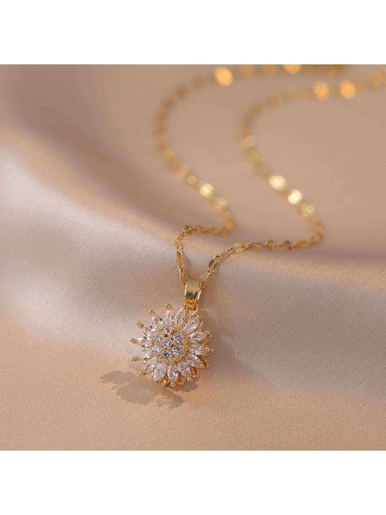 Women's Necklace, New Style Sunflower Diamond-encrusted, Rotatable Collarbone Chain Jewelry, Japanese and Korean Style Cross-border, Ins Ring, Sunflower