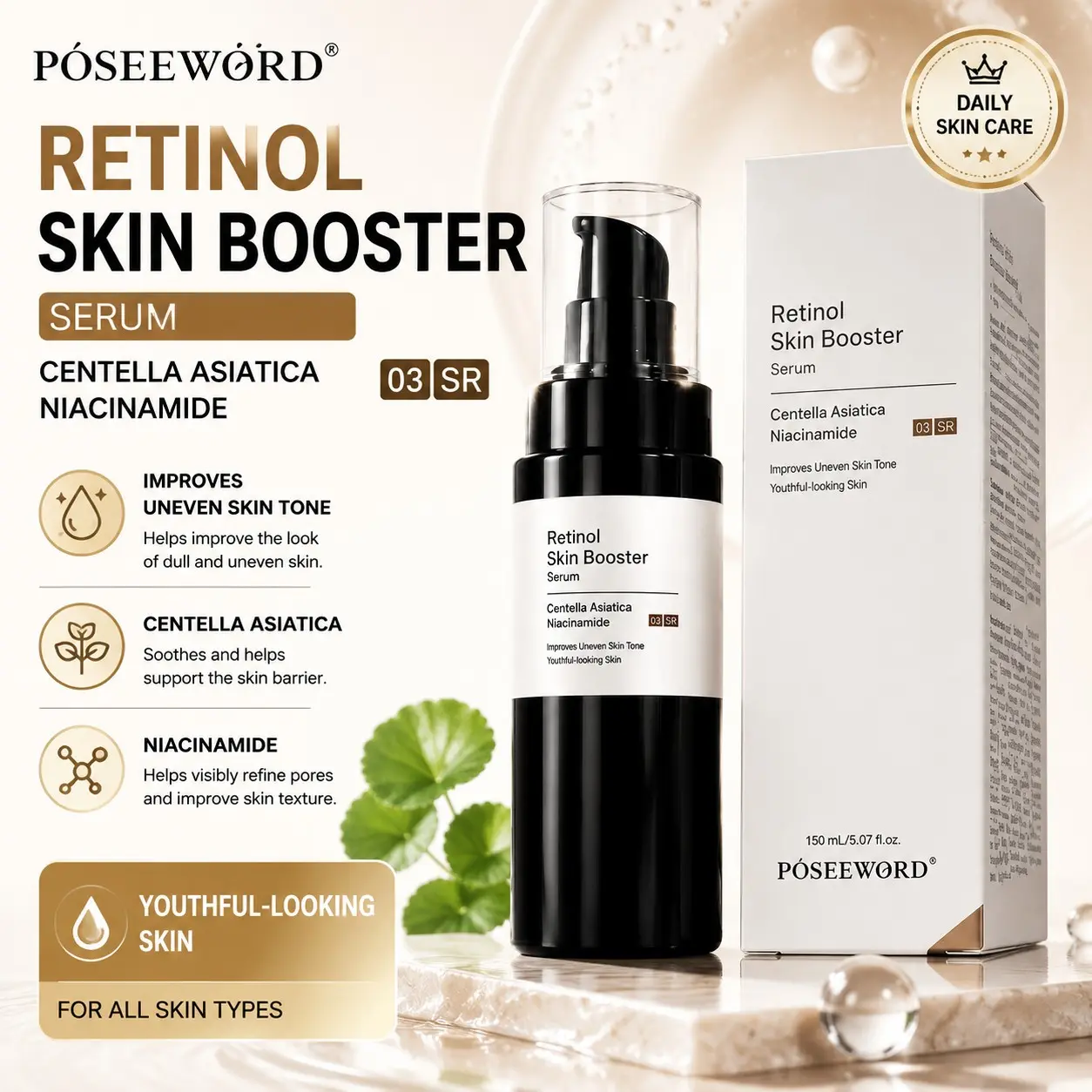 150ml Retinol Skin Booster Serum, Centella Asiatica & Niacinamide Facial Serum, Lightweight Hydrating Daily Skincare for Radiant-Looking Skin, Gentle Moisturizing Care for All Skin Types
