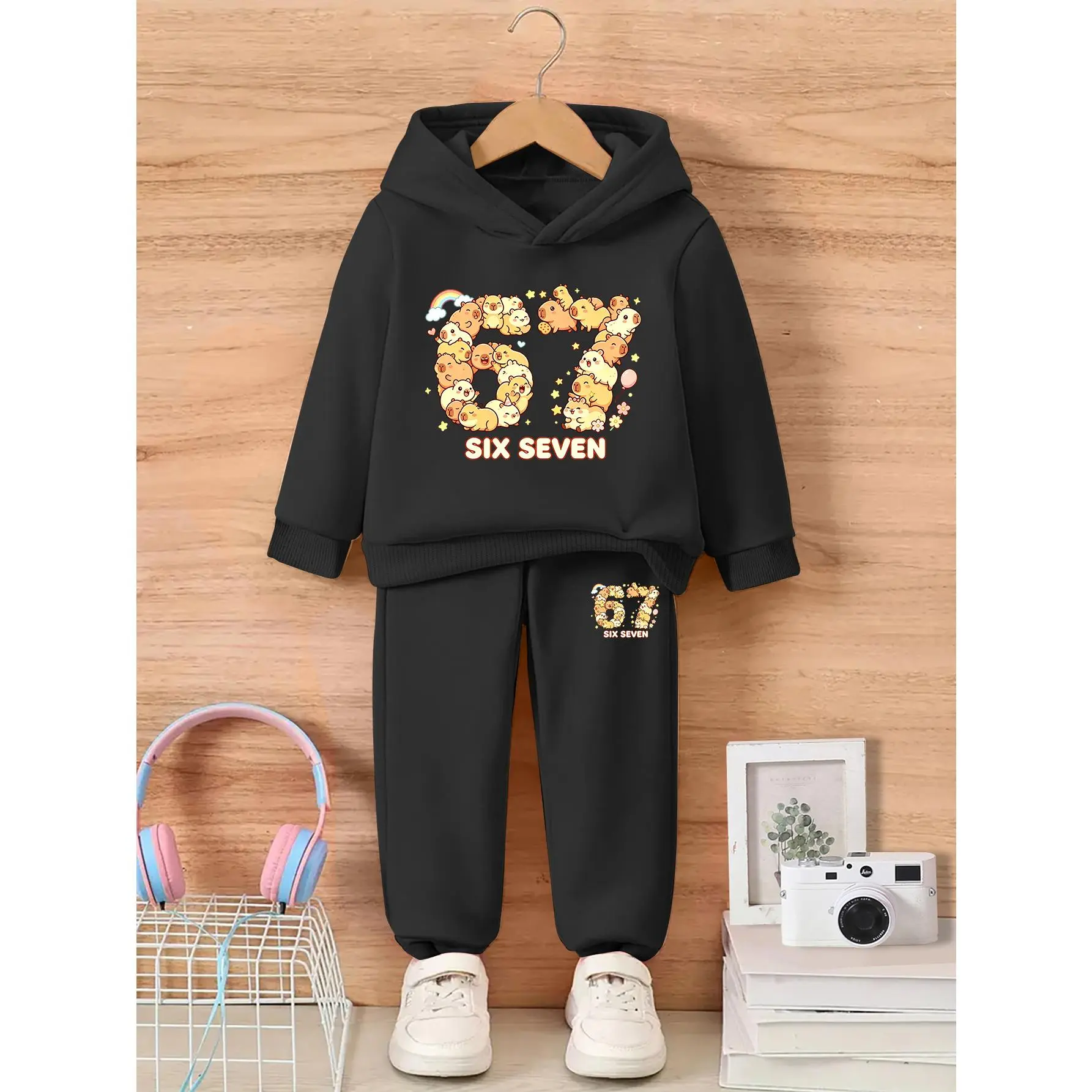 Girls' Fashion Hooded Sweatpants Set, Healing Cartoon Sloth with Number 67, Featuring SIX-SEVEN English Print, Soft And Cute Style for Outdoor Outings, School, Daily Wear, Family Matching, Regular Fit Soft Warm Kids Pullover Hoodie