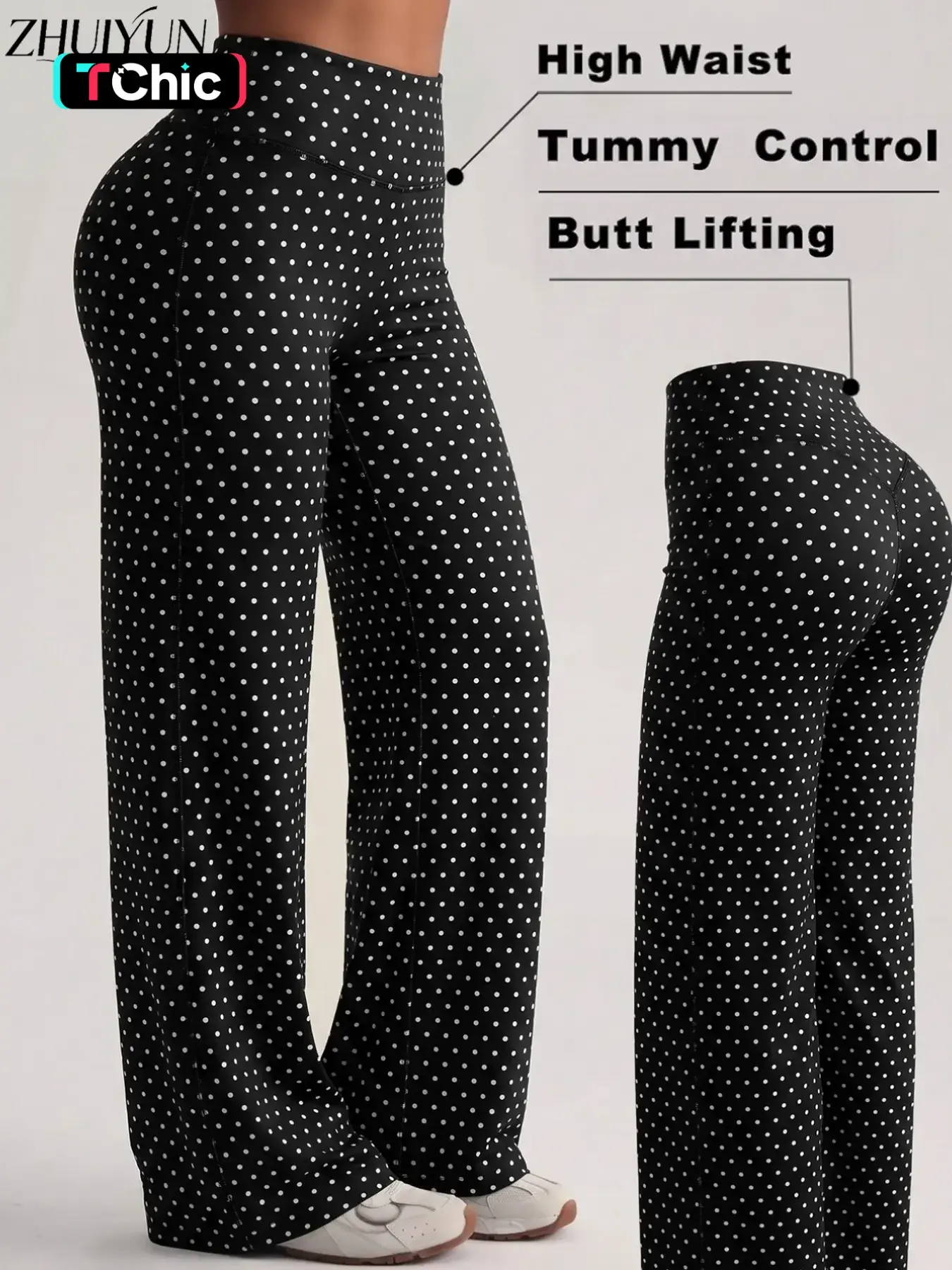 Fashion Polka Dot Print Women's Versatile Sporty Straight Leg Pants, Slimming Casual Wide Leg Trousers, Outdoor Running Yoga Pants, Casual Elastic Waisted