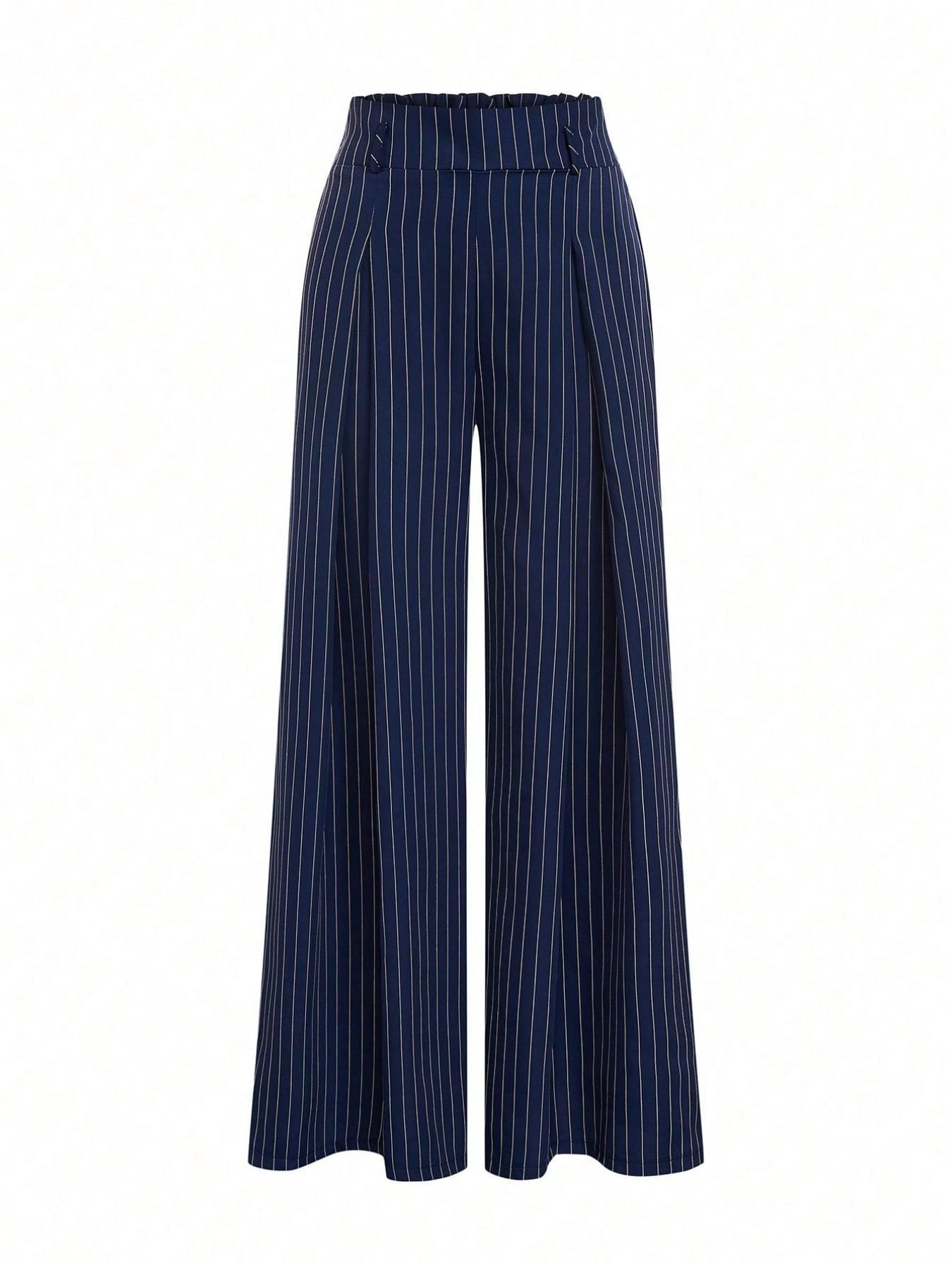 Women's New Navy Striped Suit Pants, High Waist Elegant Fashion, Elastic Waist Straight Leg Loose Wide Leg Pants, Casual Daily Commute, Casual Summer Bottoms, Classy Casual Trousers, All Season Trousers