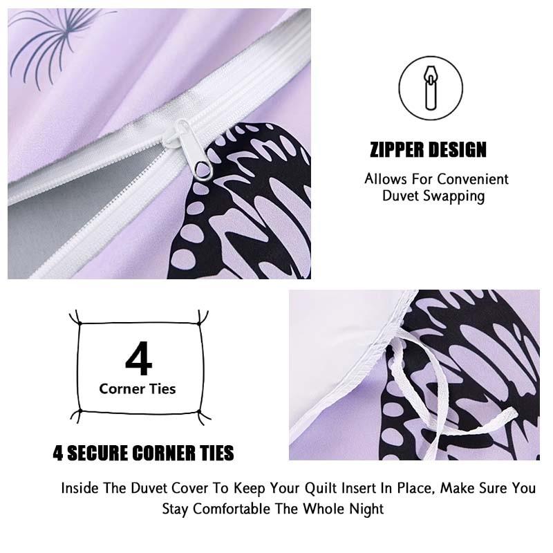 3-Piece Purple Butterfly Bedding Set.Soft, comfortable and breathable, suitable for bedrooms, guest rooms and school dormitories.Includes 1 duvet cover and 2 pillowcases (without filling).