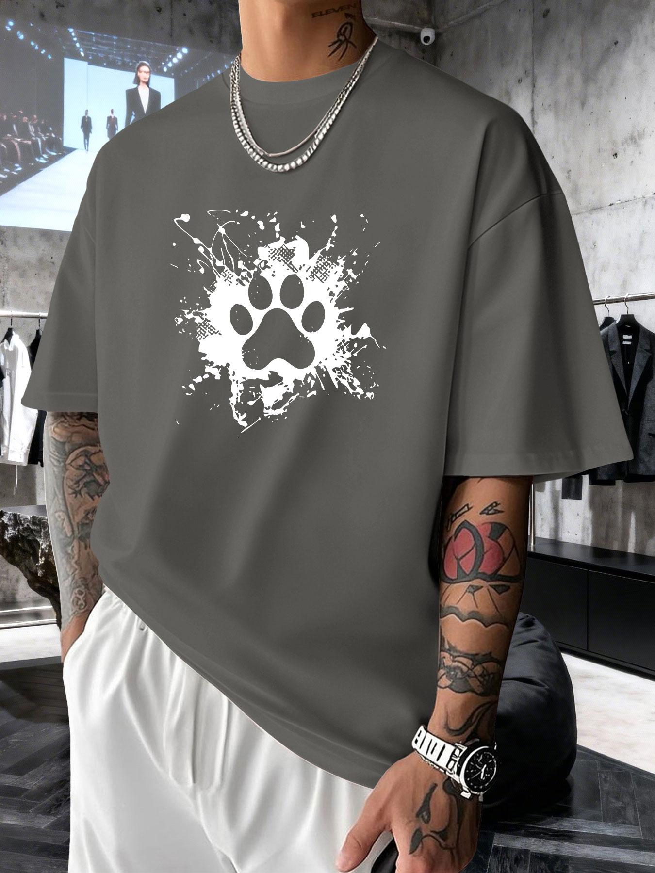 Men's Short Sleeve T-Shirt Summer, Dog Paw Cat Paw Ink Creative Print, Heart Healing Style, Loose Fit Drop Shoulder Top