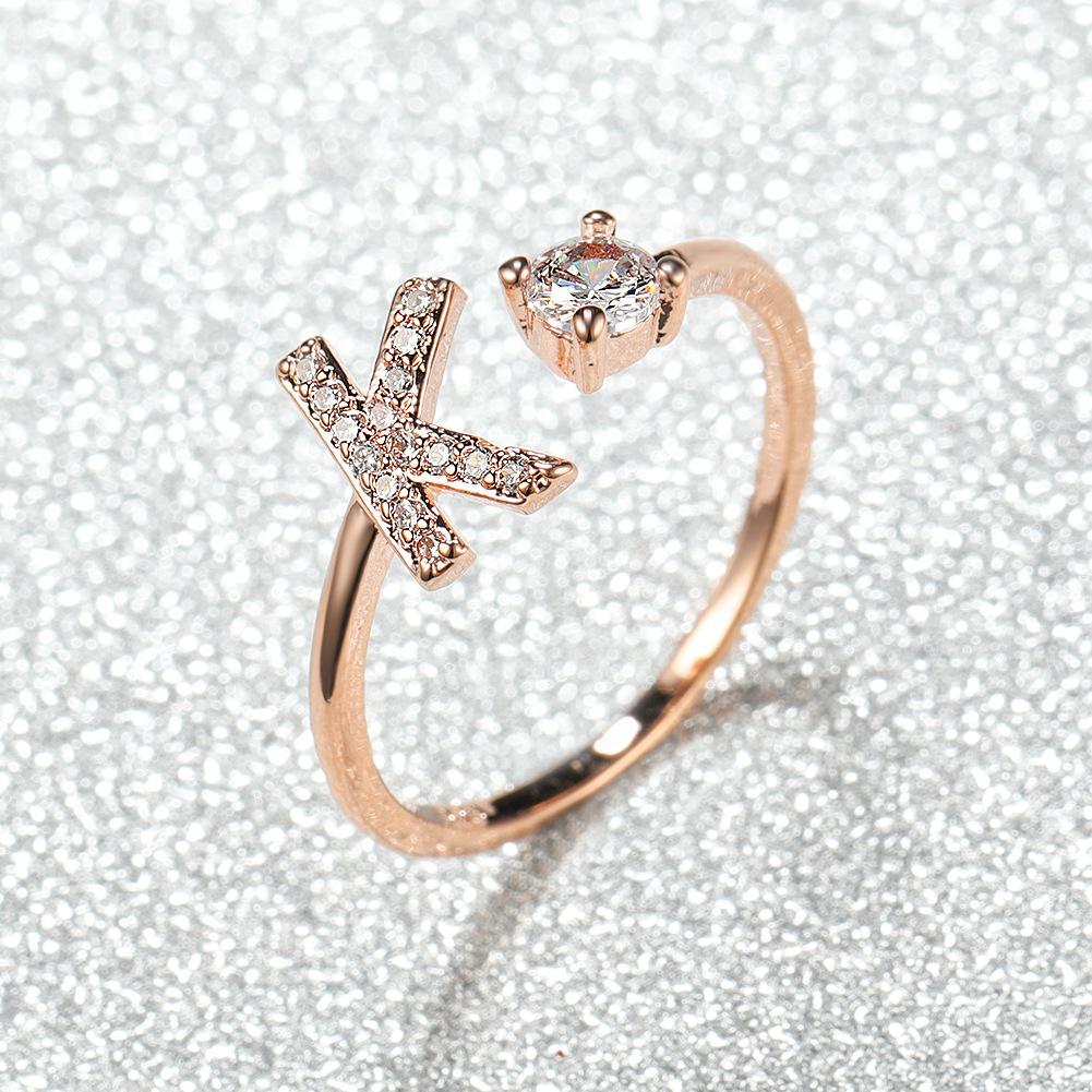 New rose gold letter ring, white diamond open ring accessory, unique personalized finger ring