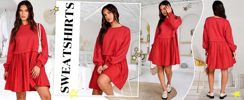 ANRABESS Women Oversized Sweatshirts Hoodie Dress Long Sleeve Crewneck Casual Baggy Patchwork Pleated Flowy Mini Dresses