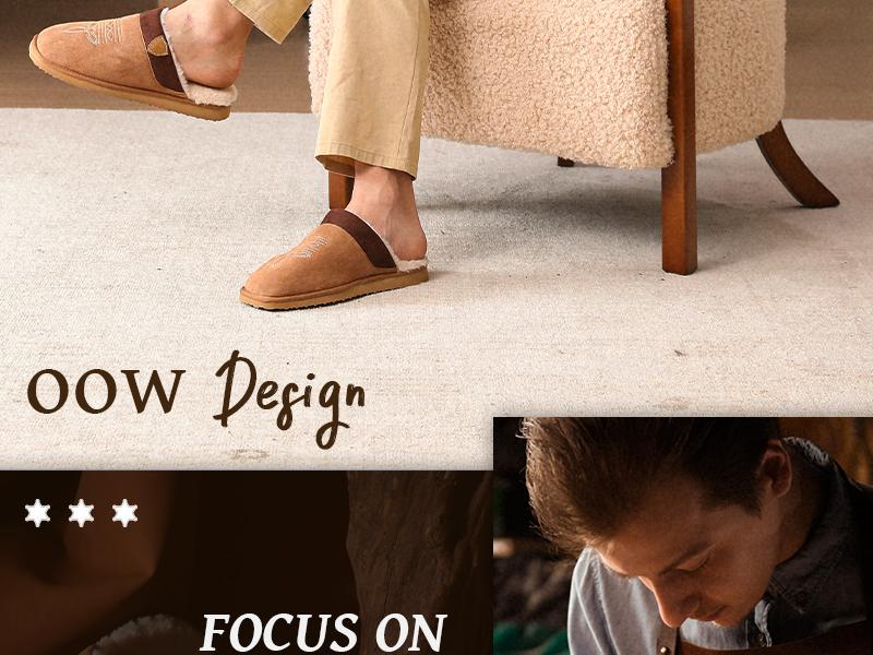 OOW Cowboy Boot Slippers for Men Western House Slippers Indoor & Outdoor Square Toe Chestnut Soft Faux Fur Lining Durable Cotton Fabric