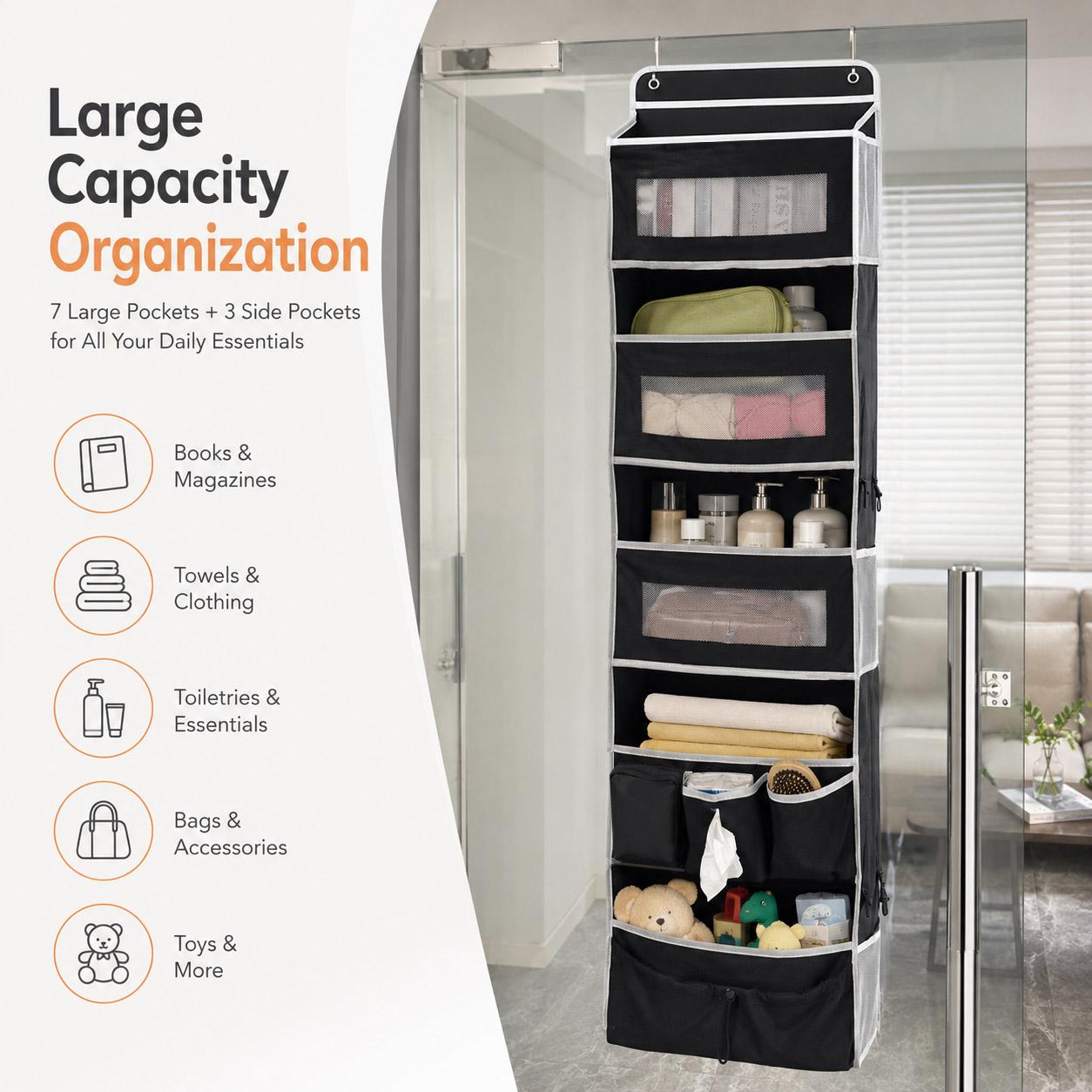 1 Pack Over The Door Organizer Storage Hanging Organizer Closet with 5 Large Pockets 6 Mesh Pockets 50 lbs Weight Capacity Behind Door Storage for Closet Nursery Bedroom Bathroom (Black)