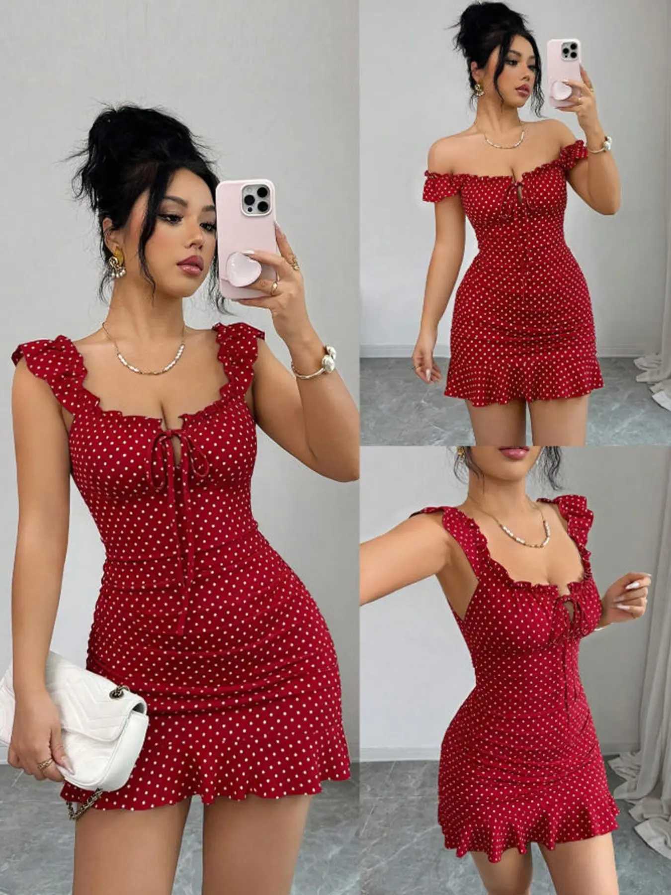 Women's Casual Polka Dot Ruffled Short Dress, Stylish and Comfortable Fit, Perfect for Daily Wear, Trendy Fashion Choice, Ideal for All Seasons