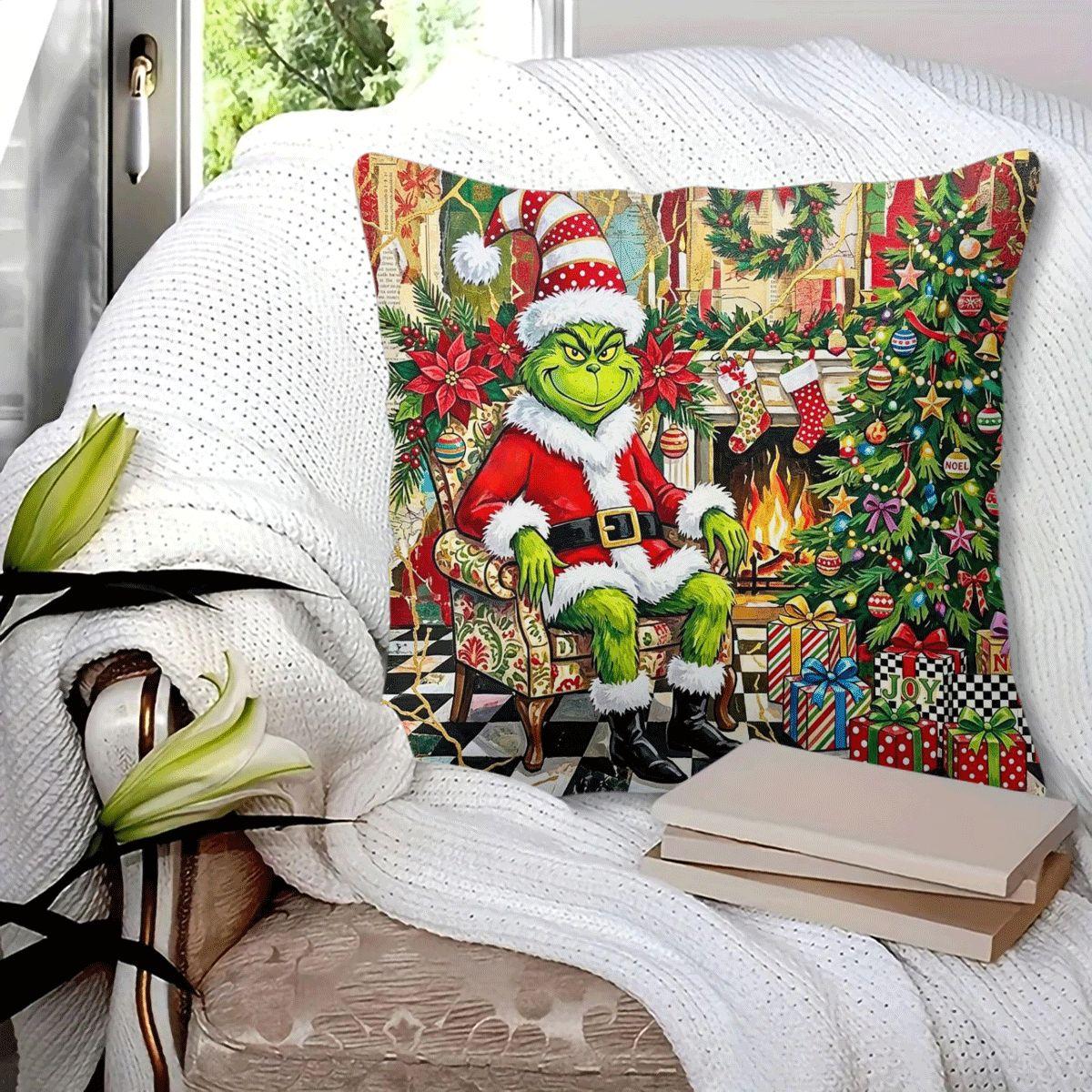 45x45cm 1Pc, Grinch Themed Halloween Christmas Cushion Pillow, spooky jack-o'-lantern bat print, soft durable cozy, perfect for sofa, bed, living room bedroom decor, ideal small holiday home gift, includes pillow filling