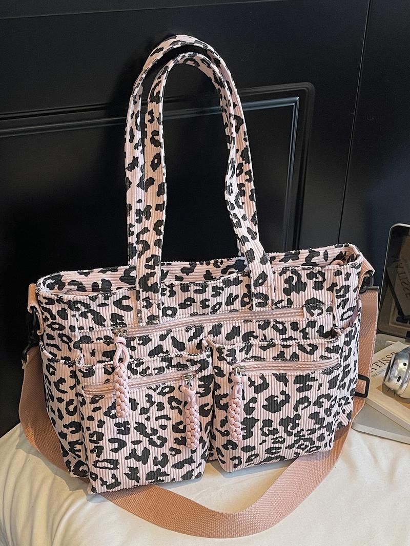 Retro leopard print fashionable shoulder bag, niche minimalist casual shoulder bag, personalized lazy leopard print multi pocket design, practical clown, suitable for students' daily commuting and shopping, Crossbody Tote Bag