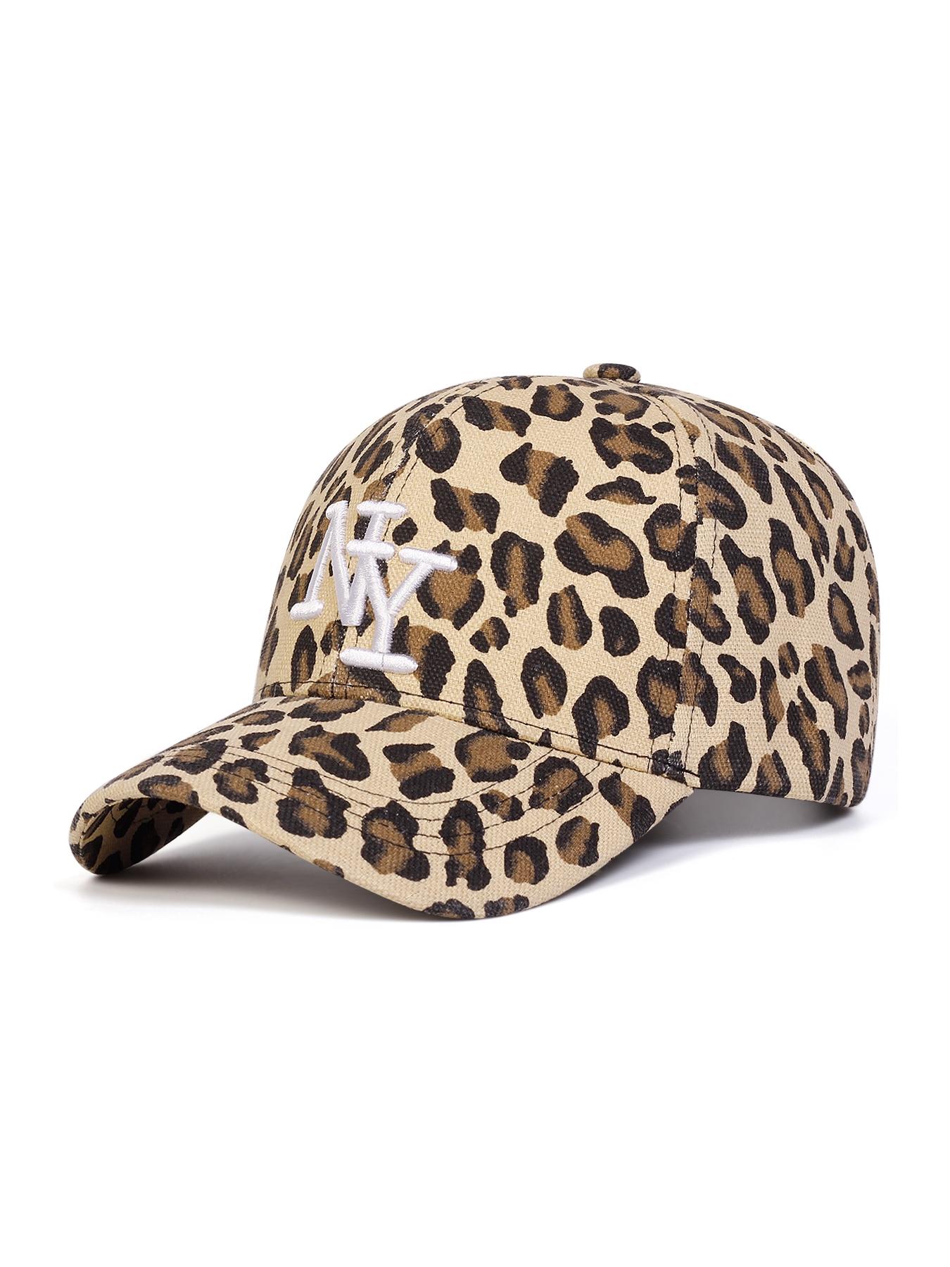 Women's Ny Leopard Print Hat, Adjustable Size, Fashionable Design, Suitable for Sports & Casual Outings, All-Season Woven Fabric Cap