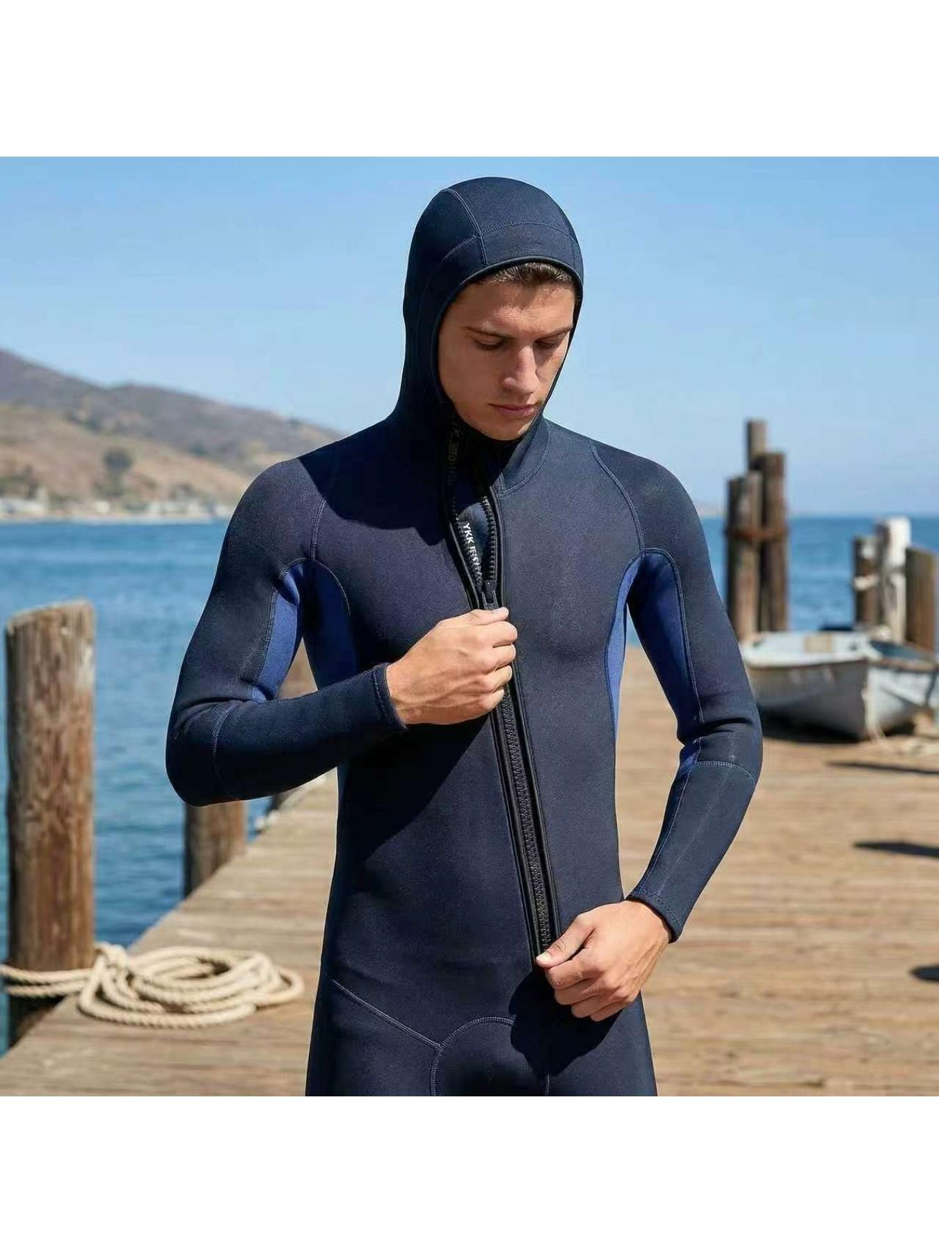 3mm Thickened Warm Wetsuit for Men, One-Piece Hooded Full Suit, Wear-Resistant Diving Suit for Surfing, Snorkeling, Freediving and Jellyfish Protection
