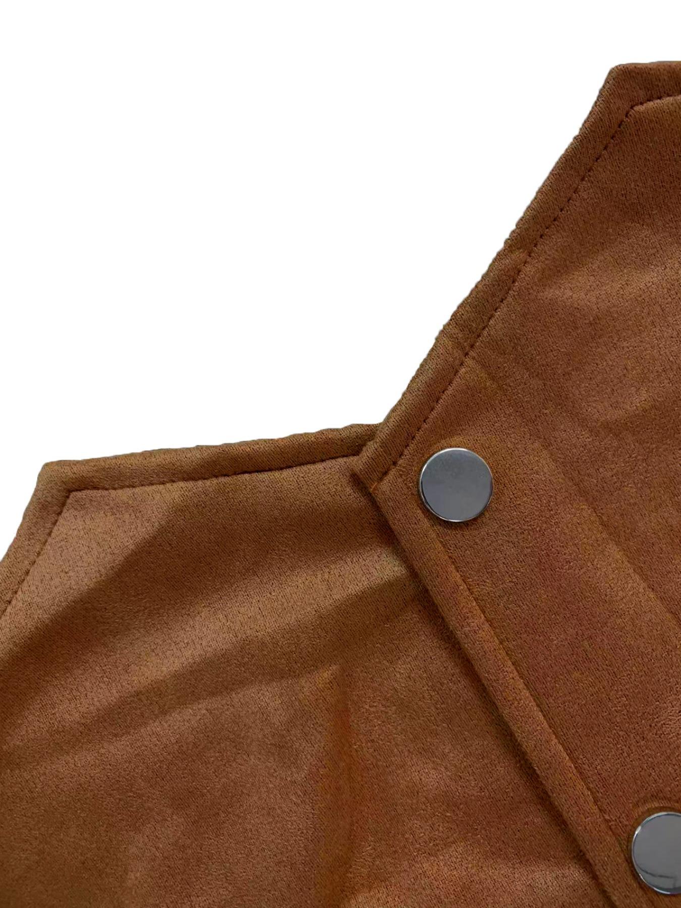 Women's Fringe Detail Denim Vest, Faux Suede Material, Button Front V Neck Sleeveless Top, Casual Spring & Fall Fashion, Casual Sleeveless Outerwear