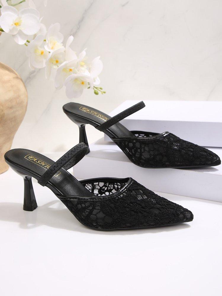 Women's Summer French Lace Pointed Toe Sandals Block Heel Ankle Strap Slingbacks Sexy Outdoor Slides