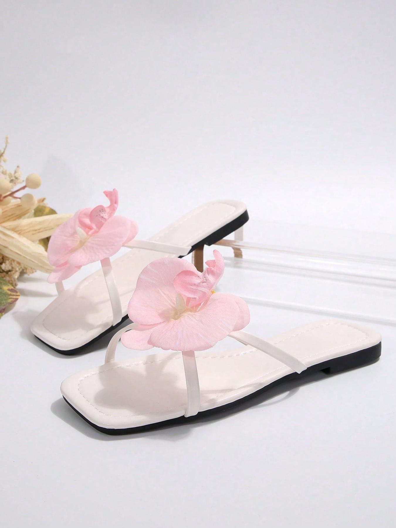 French Flat Flower Elegant Floral Design Sandals for Women, Summer Fashionable Square Toe PVC Shoes, Perfect for Parties, Beach, and Daily Wear, Flat Sole Sandals