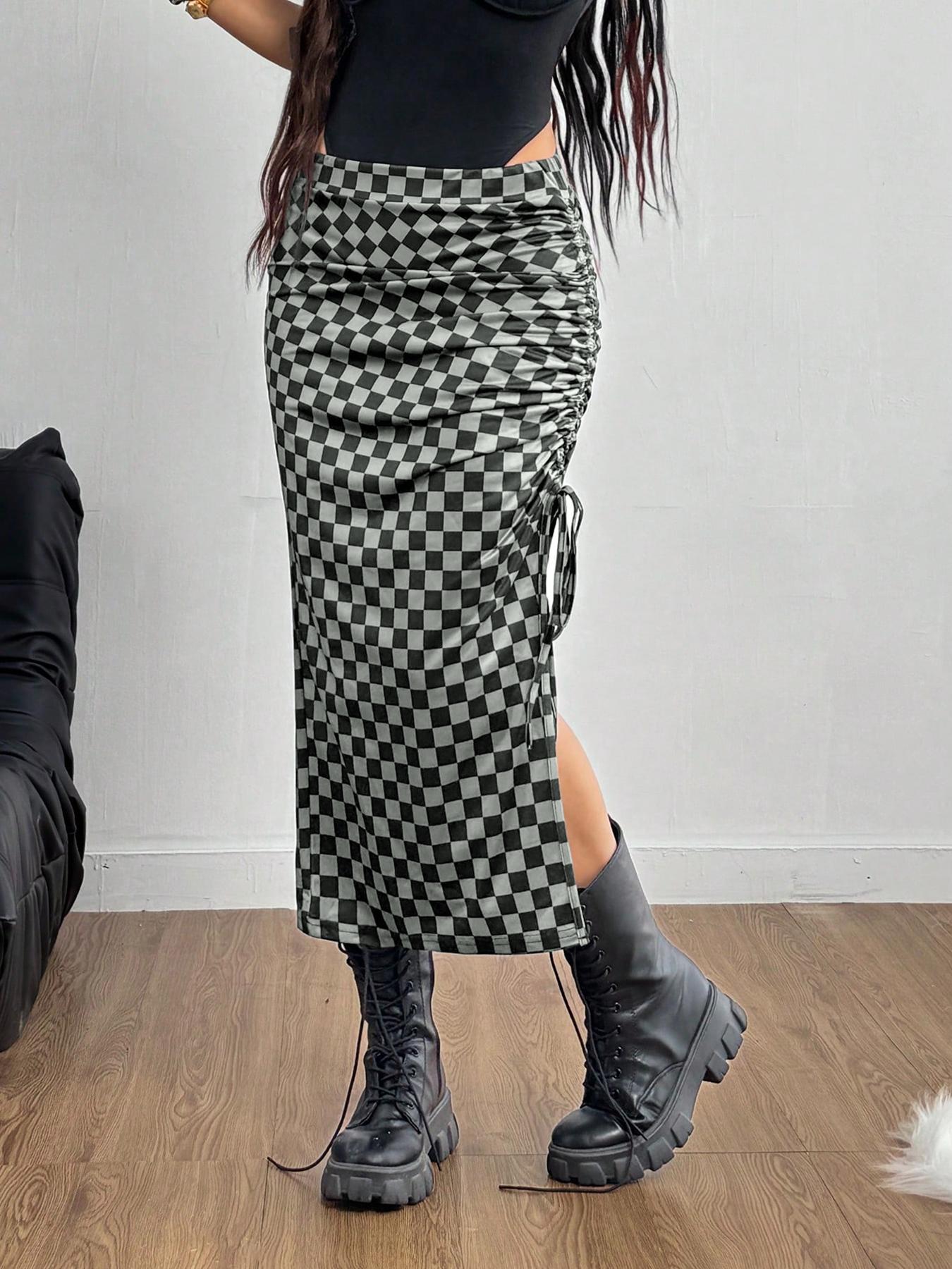 Women's Plaid Drawstring Waist Skirt, Casual Sporty Split Design, Slim Fit Half-Length Skirt for Daily Wear & Outdoor Activities