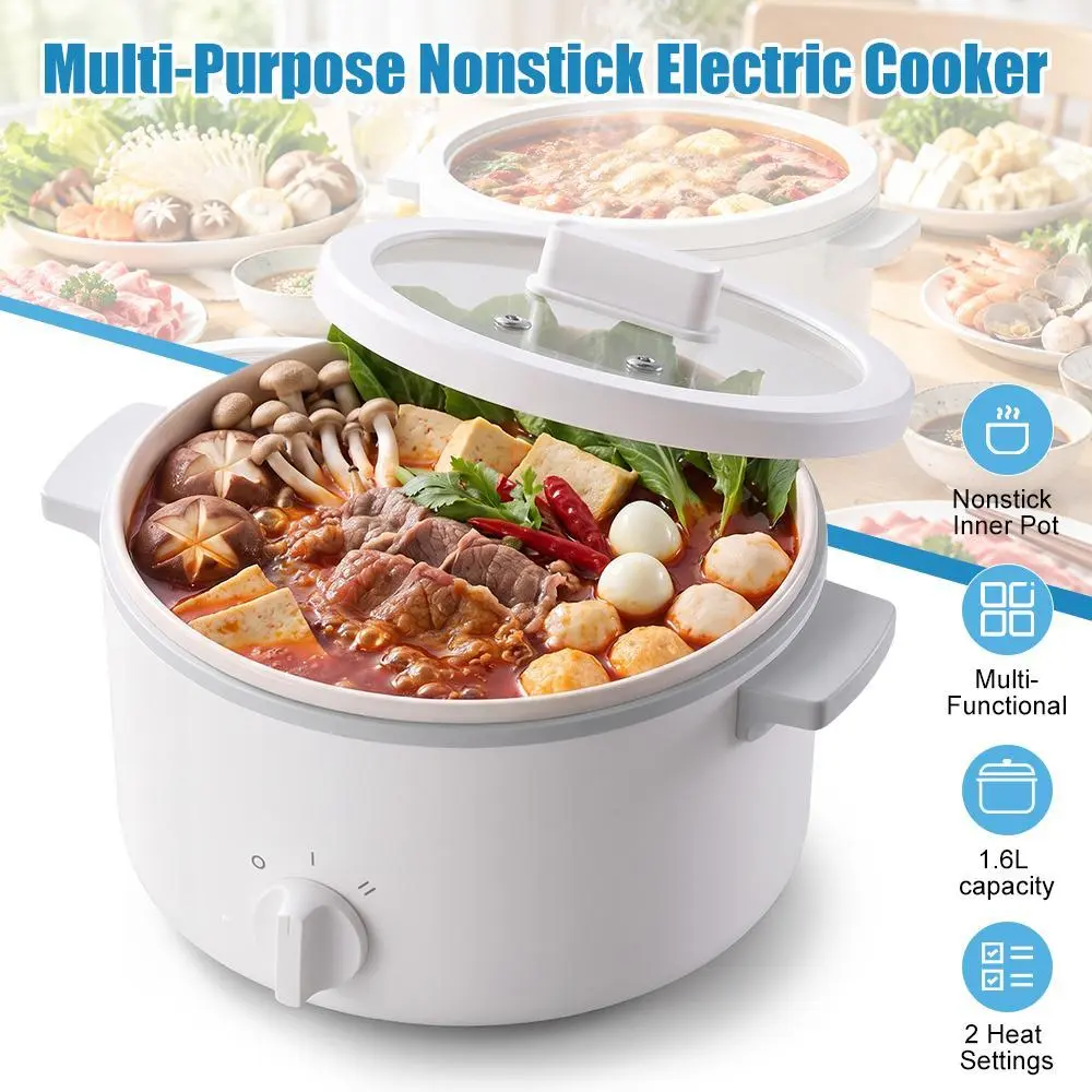 【Fall Deals For You】1.6L Multi-functional Electric Hot Pot - Non-Stick Ceramic Inner Pot, 2 Heat Settings, Portable Mini Electric Cooker with Optional Steamer