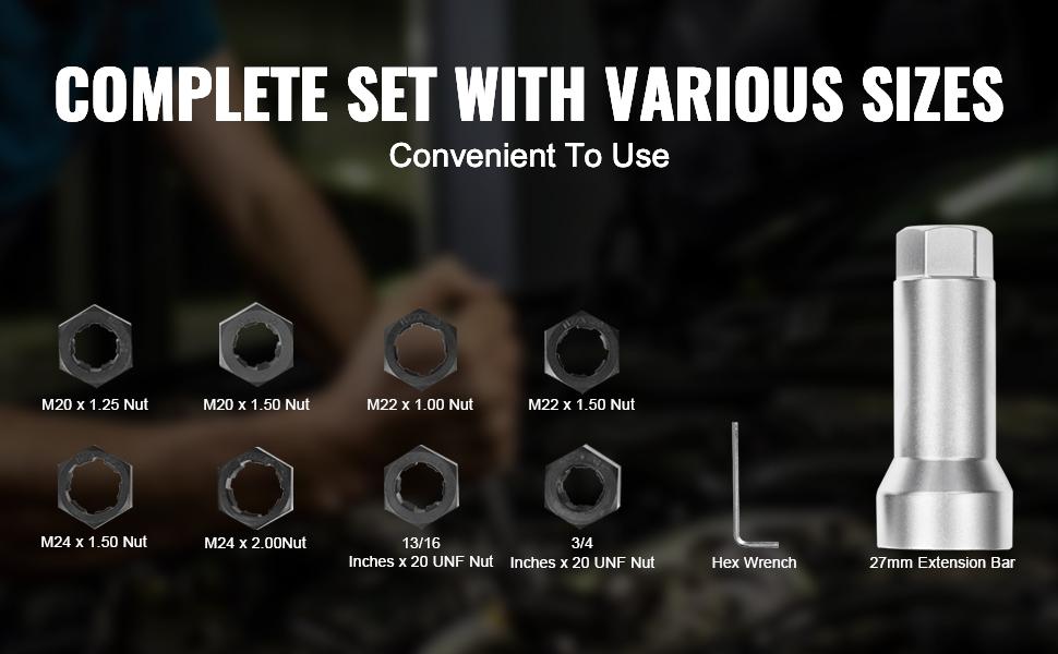 VEVOR 10-Piece Axle Spindle Thread Chaser Set, Metric M20 M22 M24 and UNF 13/16 3/4 Thread Restorer Tool, Rethreading Tool Kit with Extension Bar, Hex Wrench, Storage Case, for Damaged Axle Spindles