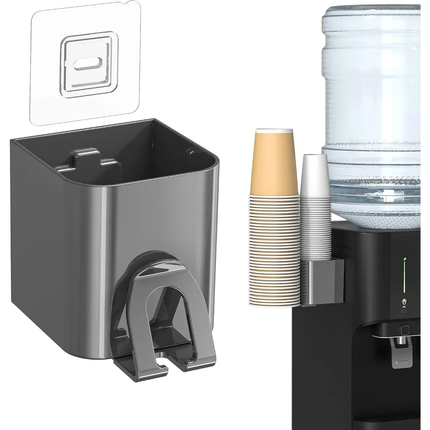 Cup Dispenser for Water Cooler Wall Mount 2 Seats, Dark Gray Holder for 2-16 OZ Paper & Plastic Disposable Cups, Adhesive Cup Holder for Water Cooler, Coffee Station, Office, Bathroom