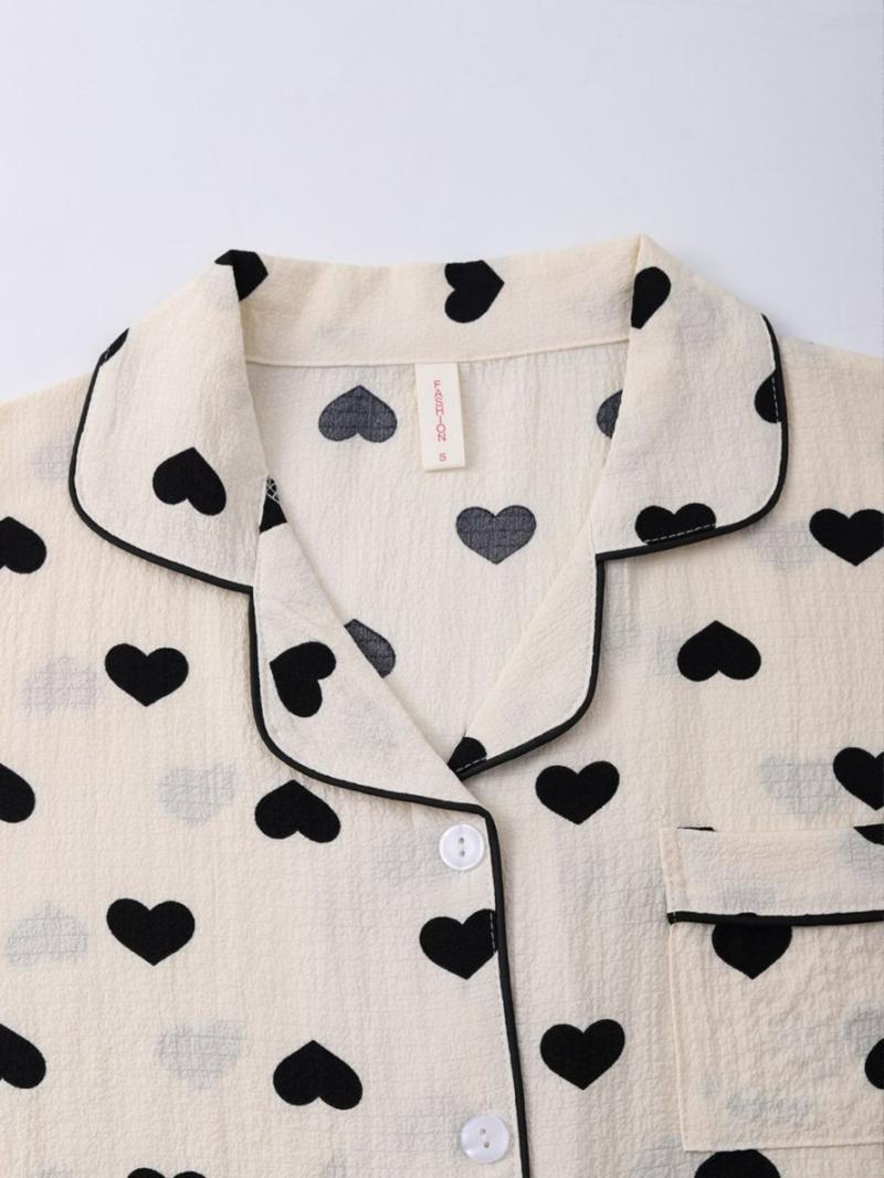 Women's Heart Print Lapel Neck Top & Elastic Waist Shorts Pyjama Two-piece Set, Casual Comfy Short Sleeve Top & Shorts PJ Set, Ladies Sleepwear Loungewear for All Seasons