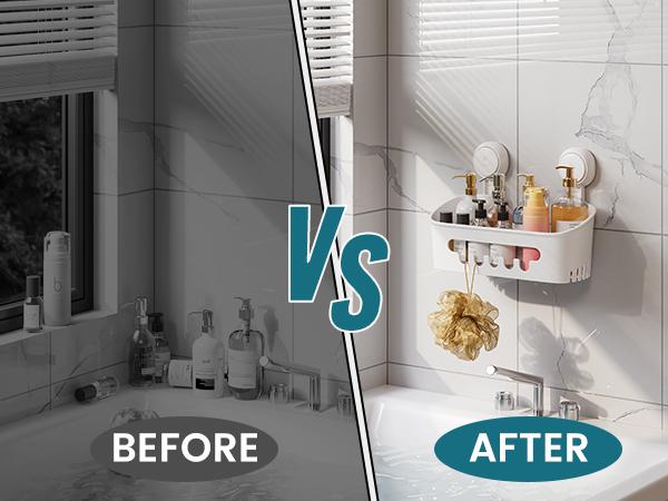 TAILI Shower Caddy Suction Cup, Heavy Duty Bathroom Shower Organizer, Removable Shelf for Inside Shower, Shampoo, Wall Mounted Plastic Shower Storage for Bathroom Accessories, White organizer rack inside shower