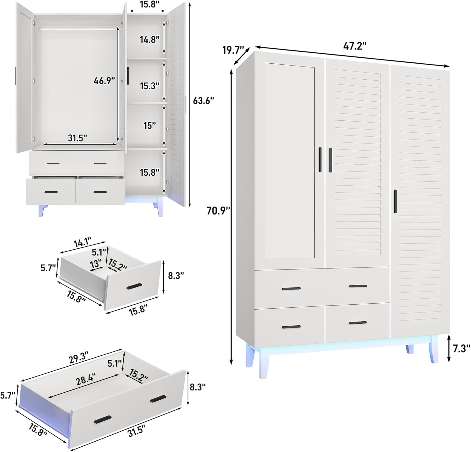 2/3/4 Door Armoire Wardrobe Closet Cabinet with Drawers and LED Lights, Multi-Tier Shelves, Hanging Rod & Louver Doors, Large Capacity Storage Wardrobe Armoire for Bedroom(Black/white)