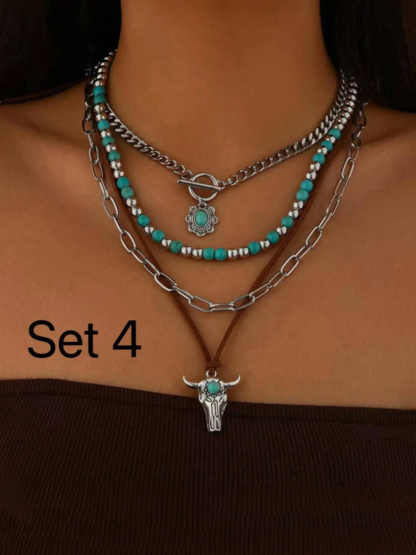 Boho Vintage Turquoise Beads Texture Decor Layered Jewelry Set, Including Necklace & Bracelets & Earrings, Bohemian Style Fashion Jewelry for Parties and Daily Wear
