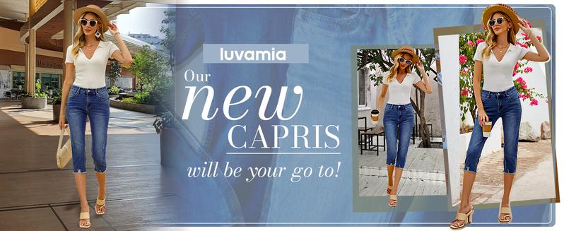 luvamia Jean Capri Pants for Women High Waisted Ripped Skinny Jeans Stretchy Denim Capris Cropped Jeggings with Pockets Slim Trouser