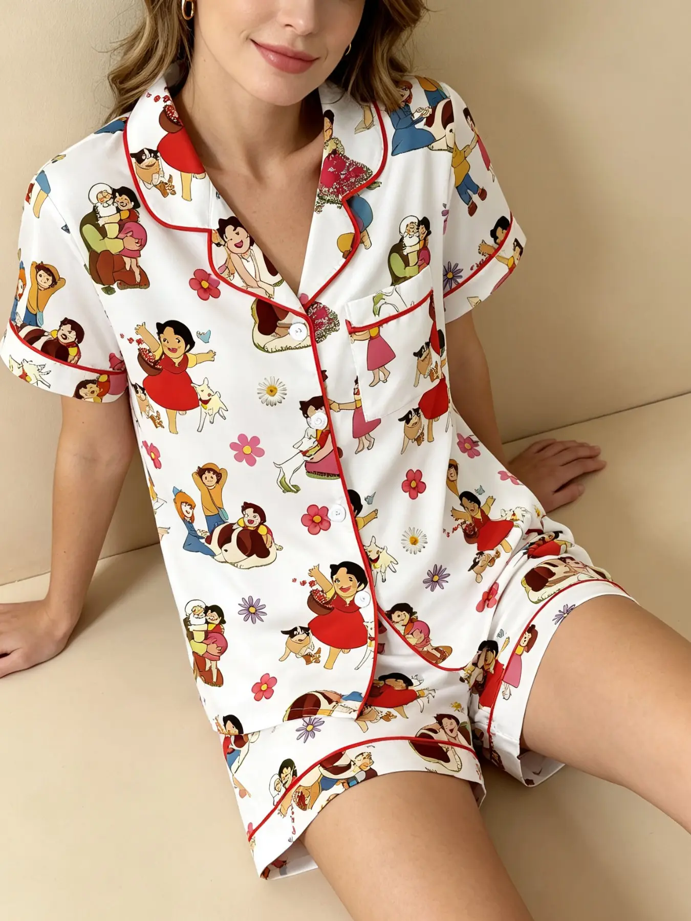 Adorable Cartoon Print Women's Pajama Set, Comfortable Two-Piece Nightwear Sleepwear, Short Sleeve Button-Up Top and Elastic Shorts, Casual Home Wear Gift