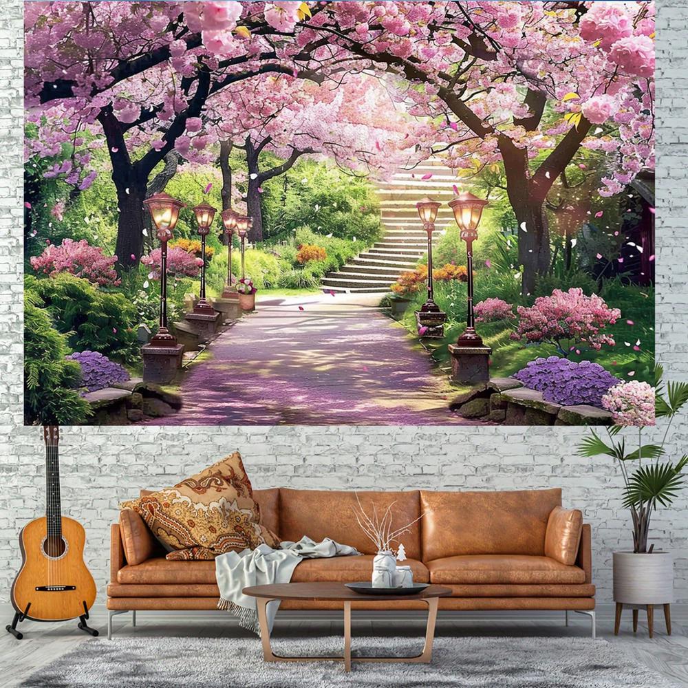 2D Flat, 2D Flat, 2D Flat Banner, 1pc Spring Floral Cherry Blossom Path Backdrop Photography Background for Wedding, Bridal Shower, Anniversary, Party Decoration, No Electricity Needed Yjx