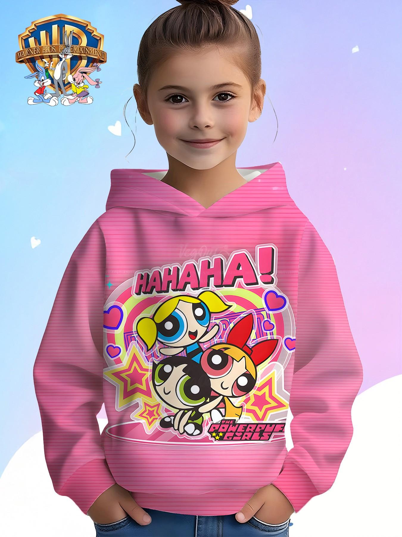 Wb Official the Powerpuff Girls Kids Hoodie, Girl Cartoon Striped Long Sleeve, Fall Winter Casual Loose Fit, Back-To-School Fun Sweatshirt