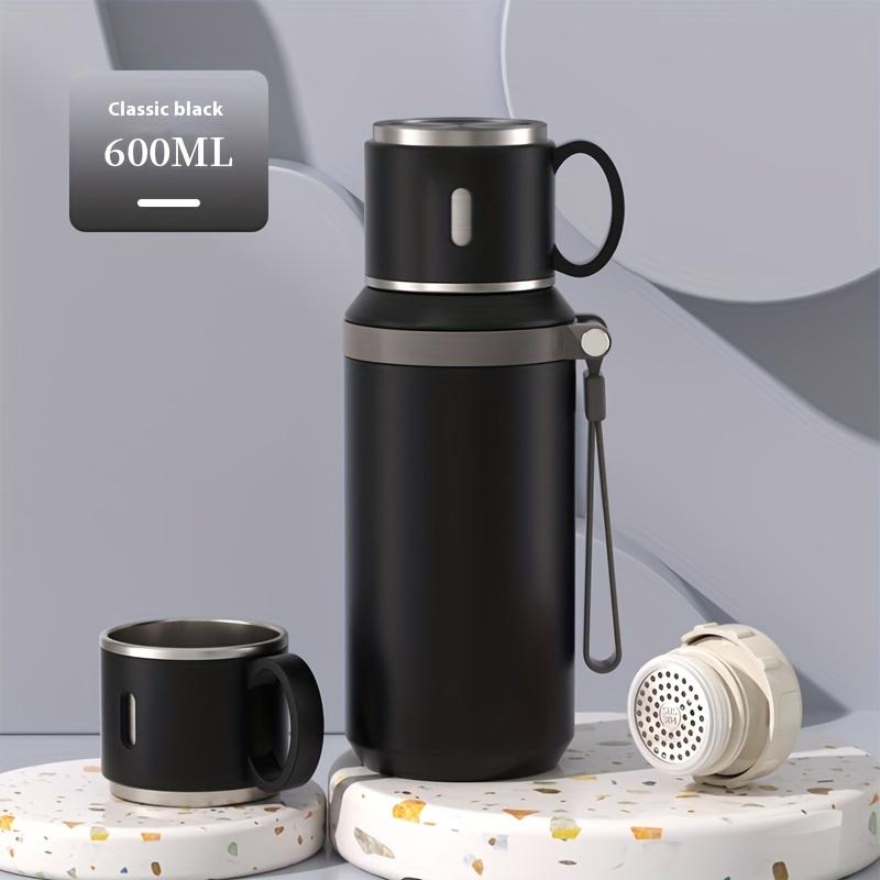 Stainless Steel Insulated Water Bottle 600ml/1L with Rope, Dual-Function Coffee Cup, Portable Outdoor Vacuum Insulated Flask for Camping, Cycling, Home & Office