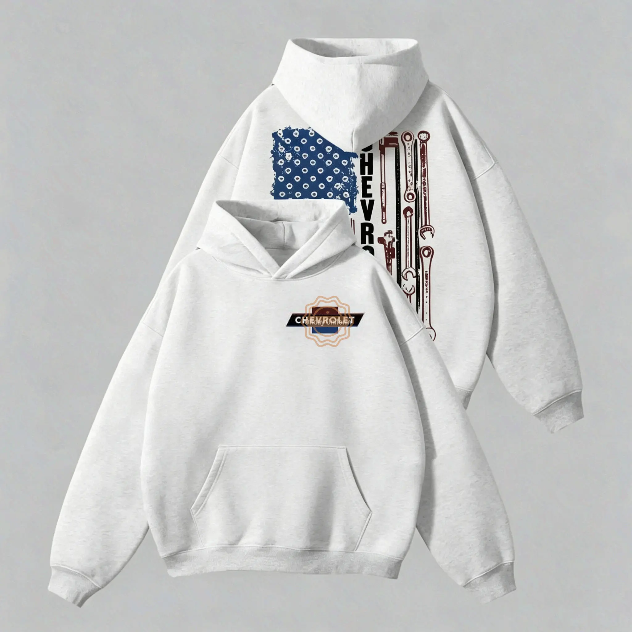 Men's Casual Cotton Chevrolet Mechanic Hoodie - American Flag Wrench Graphic, Patriotic Crew Neck Pullover, Classic Chevy Logo Tops for Car Guys