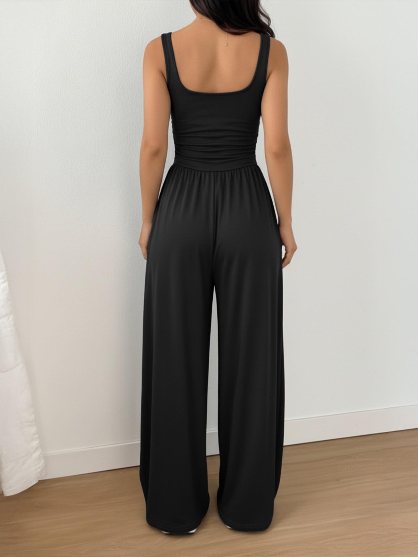 Women's New Knitted Plain Square Neck Fitted Vest, Fashionable Comfortable Simple Minimalist Design, Versatile Wide Leg Jumpsuit, All-Season Wear