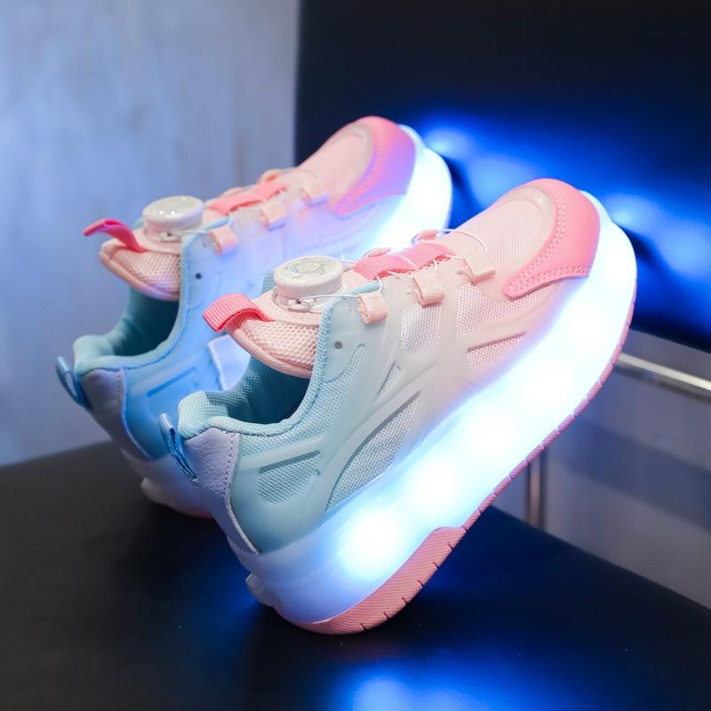 16 Color Modes USB Rechargeable LED Roller Shoes for Boys Girls, EUR 28-40 Rotary Buckle Breathable Mesh Light Up Wheels Sneakers, Kids Teens Luminous Roller Skates Shoes, Single Double Wheels Heelys for Outdoor Sports, Birthday Gifts for US EU KSA JP