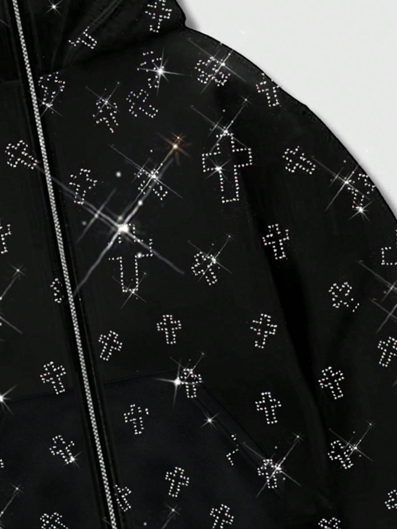 Men's Street Style Rhinestone HooMen's Street Style Rhinestone Hooded Sweatshirt, Pocket and Zip Design, Fall & Winter Wear, Geometric Pattern, Fitted Fitded Sweatshirt, Pocket and Zip Design, Fall & Winter Wear, Geometric Pattern, Fitted Fit