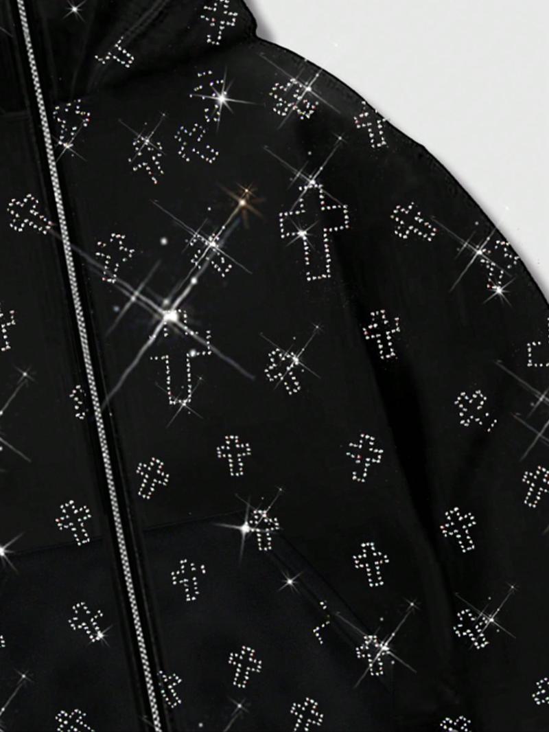 Men's Street Style Rhinestone HooMen's Street Style Rhinestone Hooded Sweatshirt, Pocket and Zip Design, Fall & Winter Wear, Geometric Pattern, Fitted Fitded Sweatshirt, Pocket and Zip Design, Fall & Winter Wear, Geometric Pattern, Fitted Fit