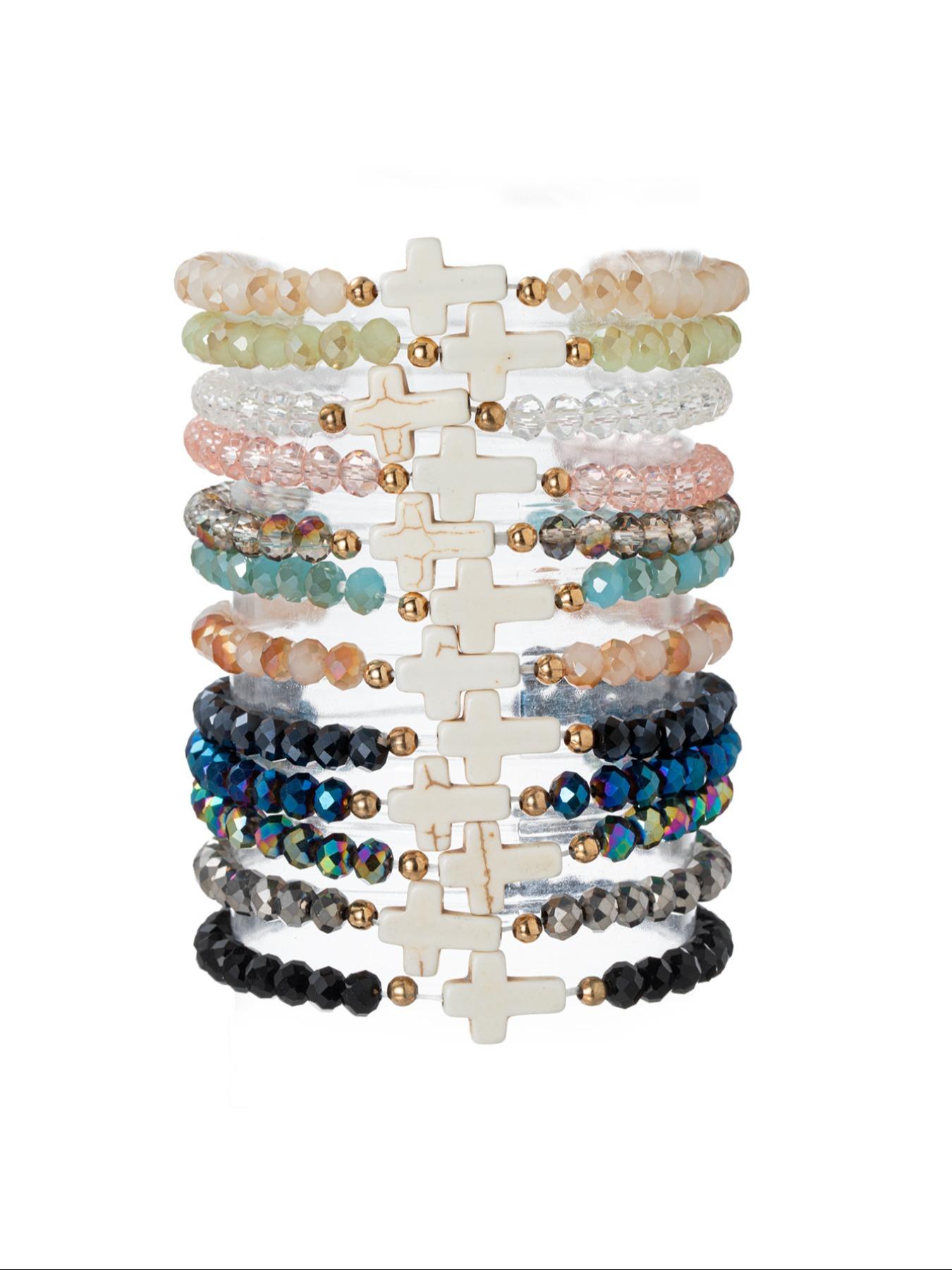 12 Piece Fashion Vintage Colorful Artificial Crystal and Turquoise Beaded Cross Pendant Multi-Layer Stackable Bracelet Set, Unisex Bracelets, Stacking Bracelet, Dainty Crystal Bracelet, Stacked Design Bracelets