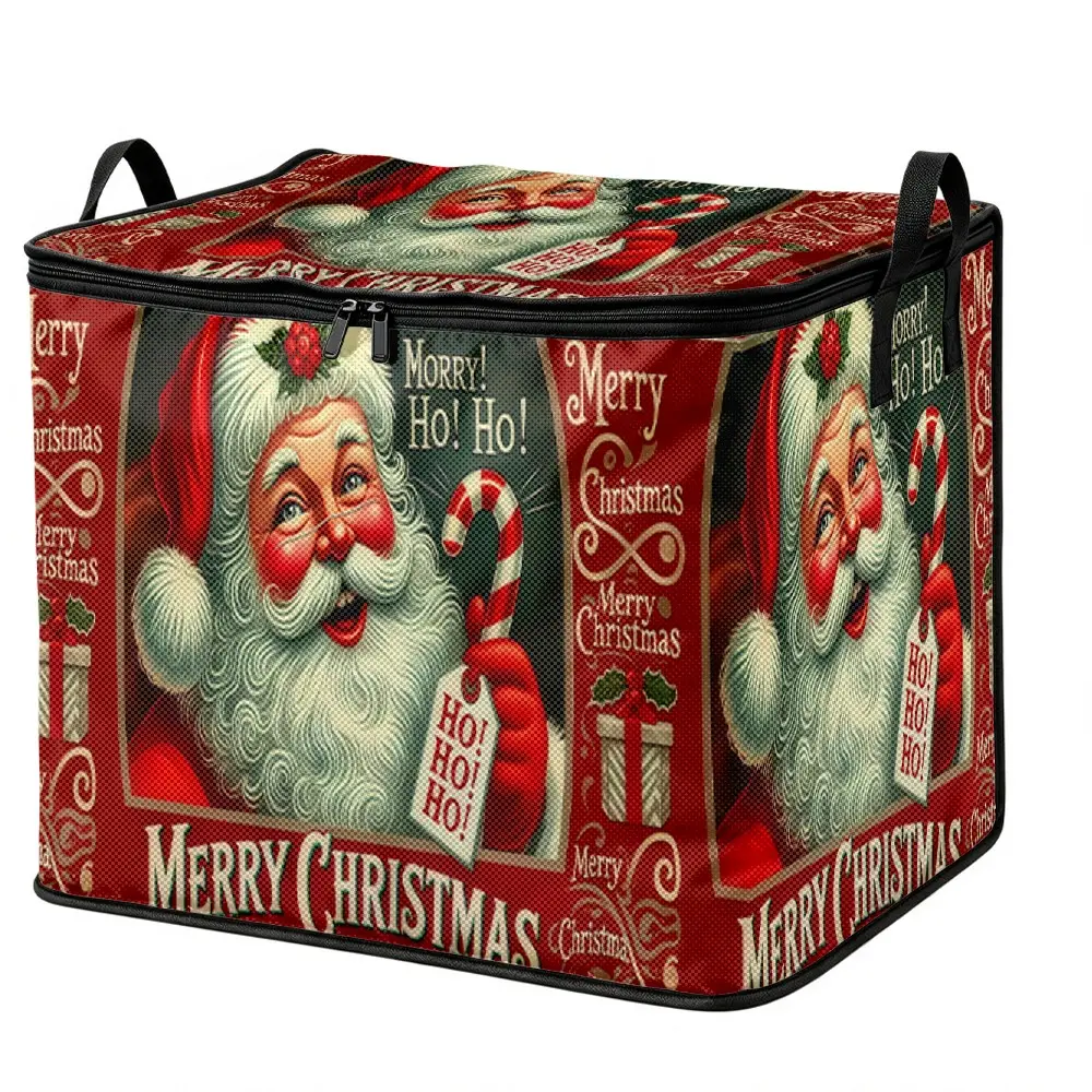 Vintage‑Style Merry Christmas Themed Storage Box, Non‑Woven Fabric Large‑Capacity Zipper Dust‑Proof Box, Organizer Box for Christmas Ornaments, Gifts and Sundries, Household Dust‑Proof Storage Container