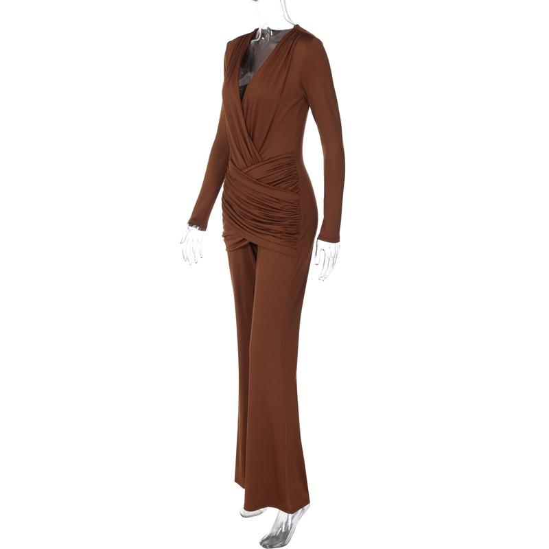Women Spring Autumn Long Sleeve V Neck Bodycon Jumpsuit Overall One Piece Outfit