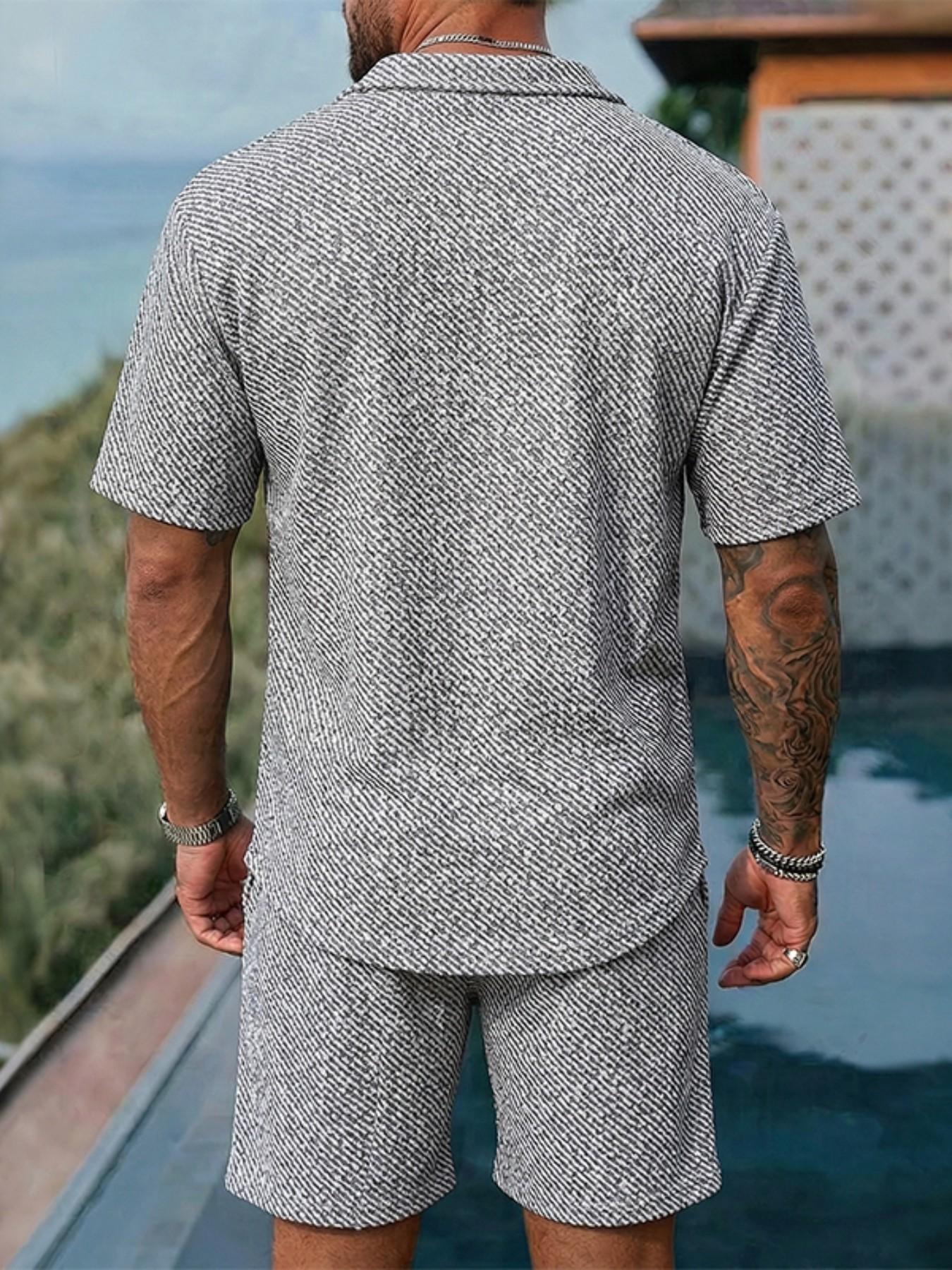 Men's Two-Piece T-Shirt Shorts Set, Collar Design, Embroidered Fashion Summer Wear, Casual Loose-Fitting Clothing