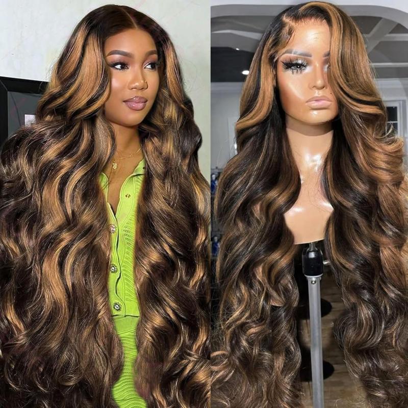 Highlight Ombre Lace Front Wig Human Hair Wear To Go Wig Pre Cut 5x5 Lace Closure Wigs Blended Hair Body Wave Lace Front Wigs Pre Plucked 5x5 Glueless Lace Wig P1B/27 Brown Highlight Wig 200 Density Colored 26 Inch Balayage Wigs for Women