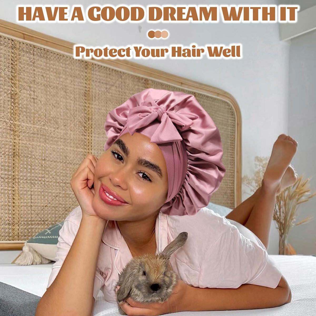 Reversible Double Layer Satin Bonnet for Women Silk-Like Bonnets for Sleeping Curly Hair Bonnet with Elastic Tie Band Sleep Cap Hair Wrap