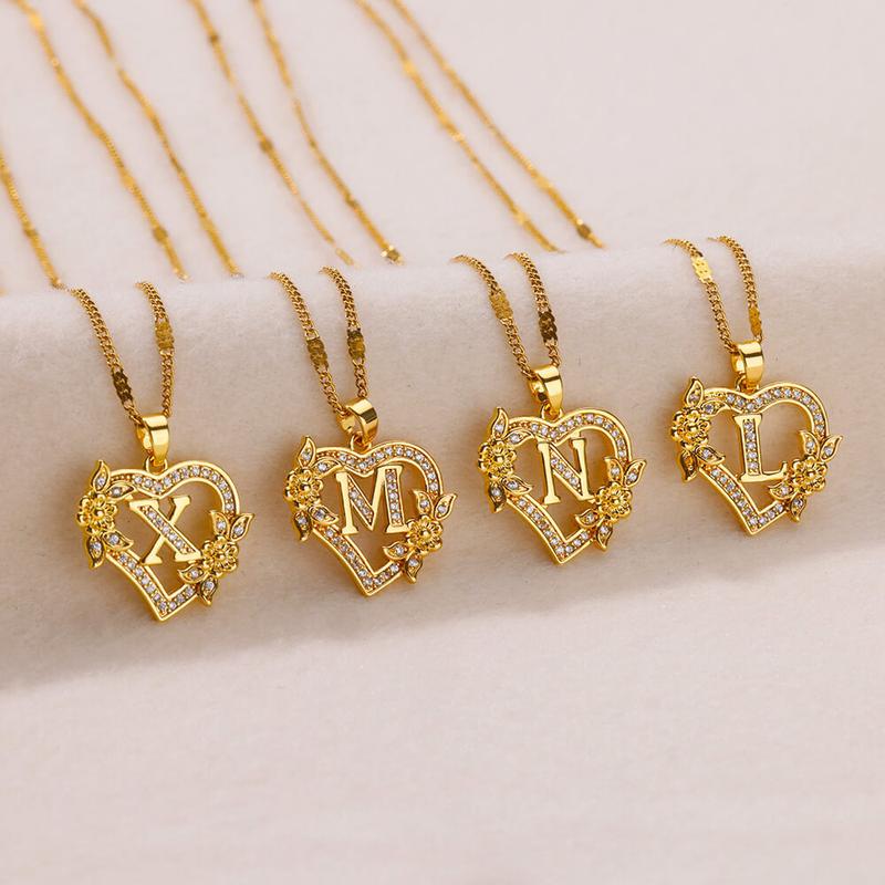 New Fashion Letter Detail Heart Shaped Pendant Necklace, Love Necklace for Women for Summer, Rhinestone & Flower Decor Stainless Steel Matching Necklace Jewelry, Girl's Temperament Cloths Accessory for Daily Wear