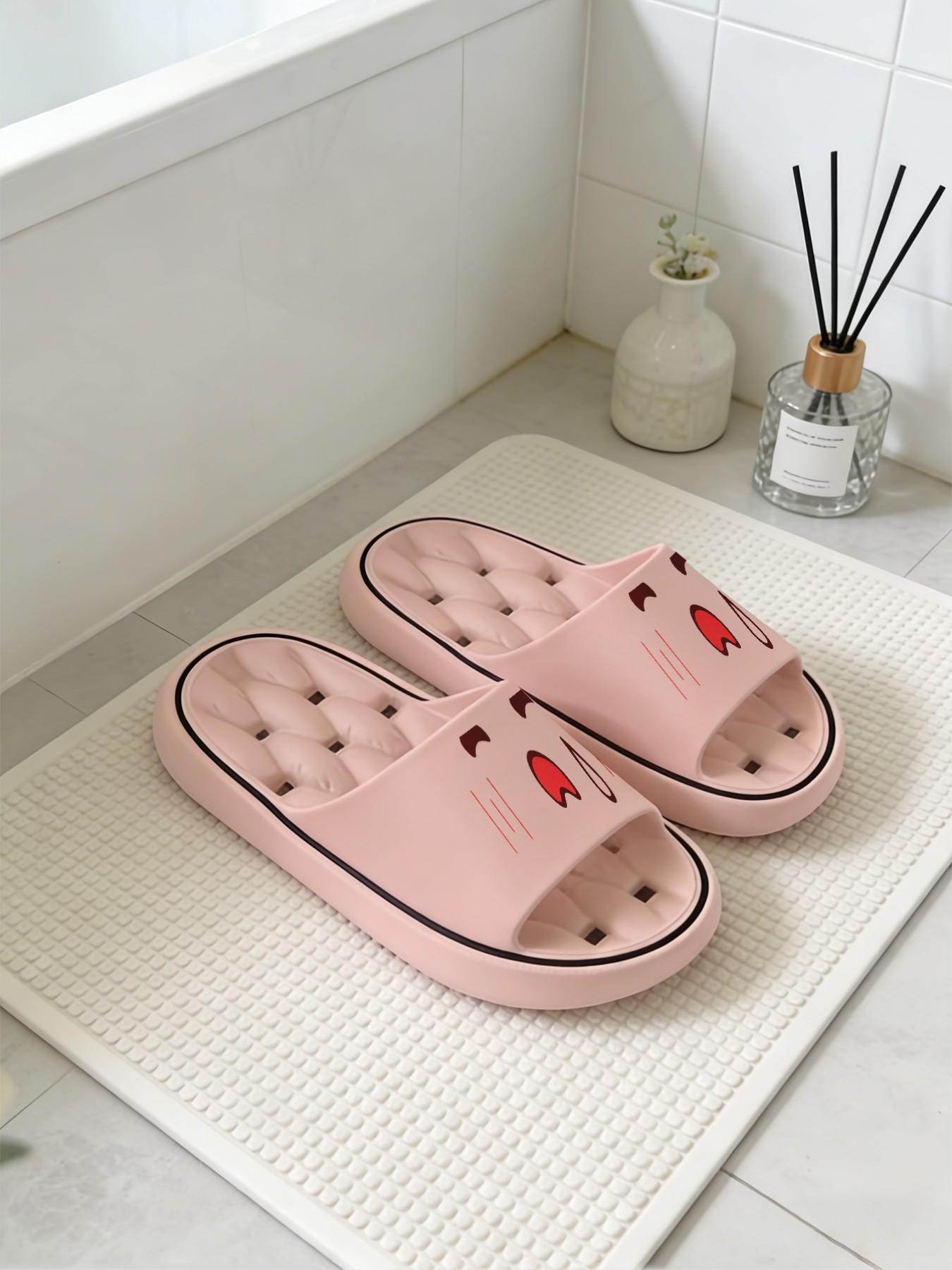 1 Pair Cartoon Tongue-out Emoji Printed Hollow Massage Thick Sole Slippers, Cute Soft Style, Non-slip Soft Sole, Quick-dry for Bathroom, Indoor & Outdoor Dual-use, Open Toe Slides, Bathroom Casual Slippers