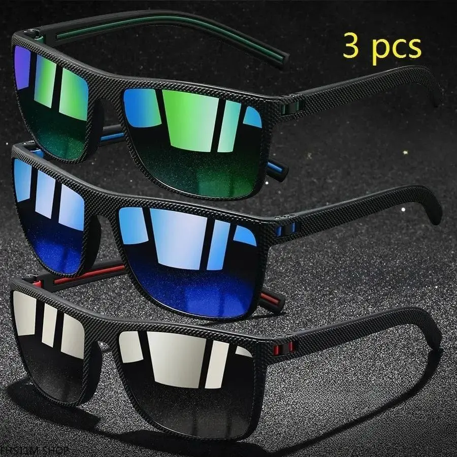 Unisex 3-Pcs Polarized Square Sports Eyeglasses for Adults - Vintage Plaid Flat Frame, Anti-Glare, UV400 Sun Protection, UV Prevention, Lightweight Sports Shades, Eye-Friendly, Green-Red-Iceblue Lenses for Fishing, Driving