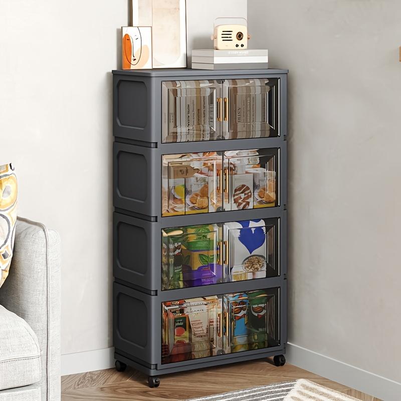 A five-tier (42.72 inches) entryway Plastic storage cabinet, Multi Layer Cabinet, featuring a large capacity with 3/4/5-tier shelving, a magnetic door design paired with silent universal wheels, making it a movable entryway storage cabinet