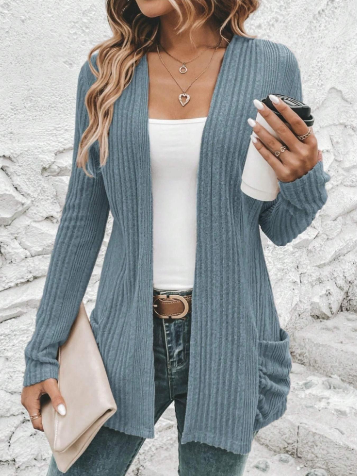 Women's Ribbed Open Front Sweater Cardigan, Casual Long Sleeve Cardigan Sweater for Spring & Fall, Women's Knit Clothing for Daily Wear